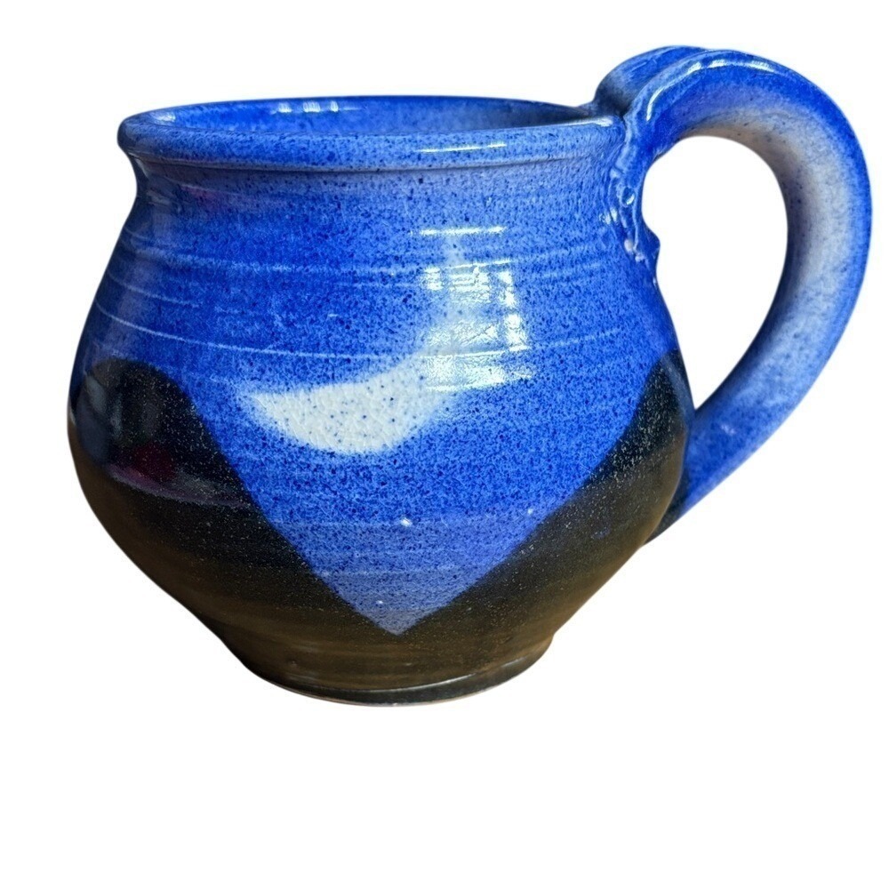 Vintage Celestial Moon Mountains Stoneware Blue Black Coffee Mug Signed RARE